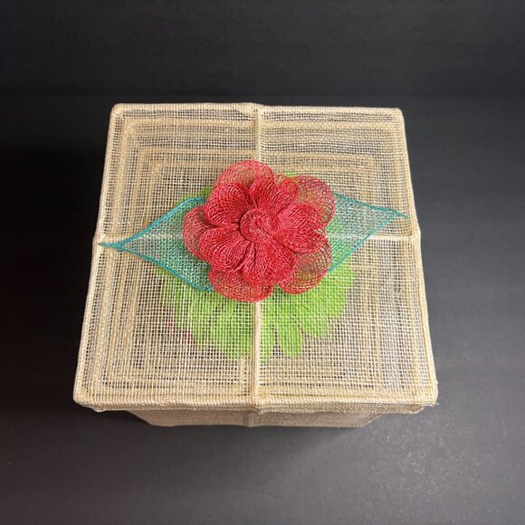 Set of 3 Decorative Square Mesh & Metal Framed Nesting Boxes w/ Floral Applique - Picture 6 of 6